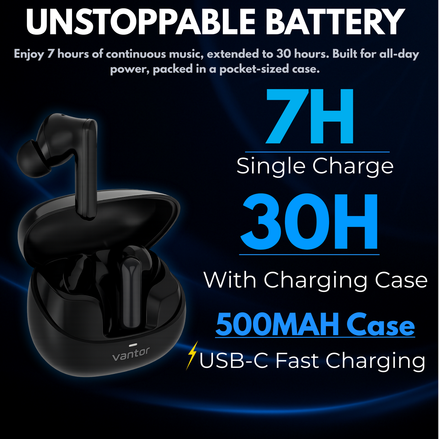 VANTOR SPHEREX Wireless Earbuds with ANC & ENC, 13mm Drivers, Bluetooth 5.3, 30H Playtime, Fast USB-C Charging, Transparency Mode, IPX4 Water Resistant, Deep Bass in-Ear Headphones with Mic – Black
