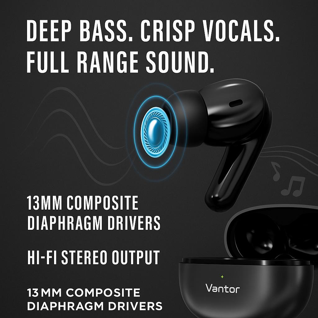 VANTOR StealthBuds – Metal Wireless Earbuds, Bluetooth 6.0 In-Ear Headphones with ENC Noise Cancelling Mic, Deep Bass, 30H Playtime, Touch Controls, Secure Fit Earphones for Android & iPhone