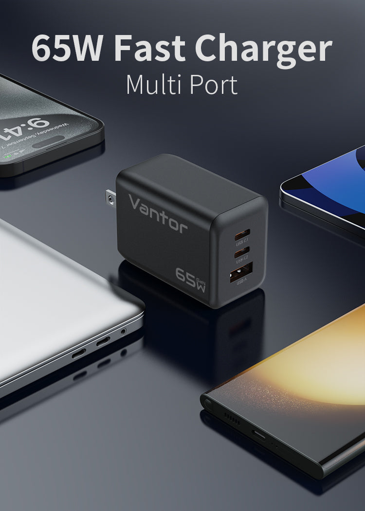 VANTOR 65W GaN Fast Charger 3-Port USB-C & USB-A – PPS PD Charger for MacBook, iPhone 15, Samsung, iPad, Switch – Compact Wall Adapter with Premium USB-C Cable, Multi-Device Charging