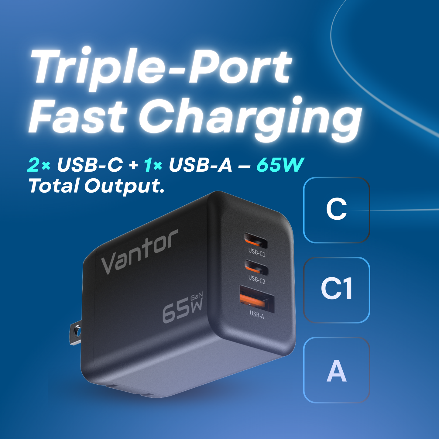 VANTOR 65W GaN Fast Charger 3-Port USB-C & USB-A – PPS PD Charger for MacBook, iPhone 15, Samsung, iPad, Switch – Compact Wall Adapter with Premium USB-C Cable, Multi-Device Charging