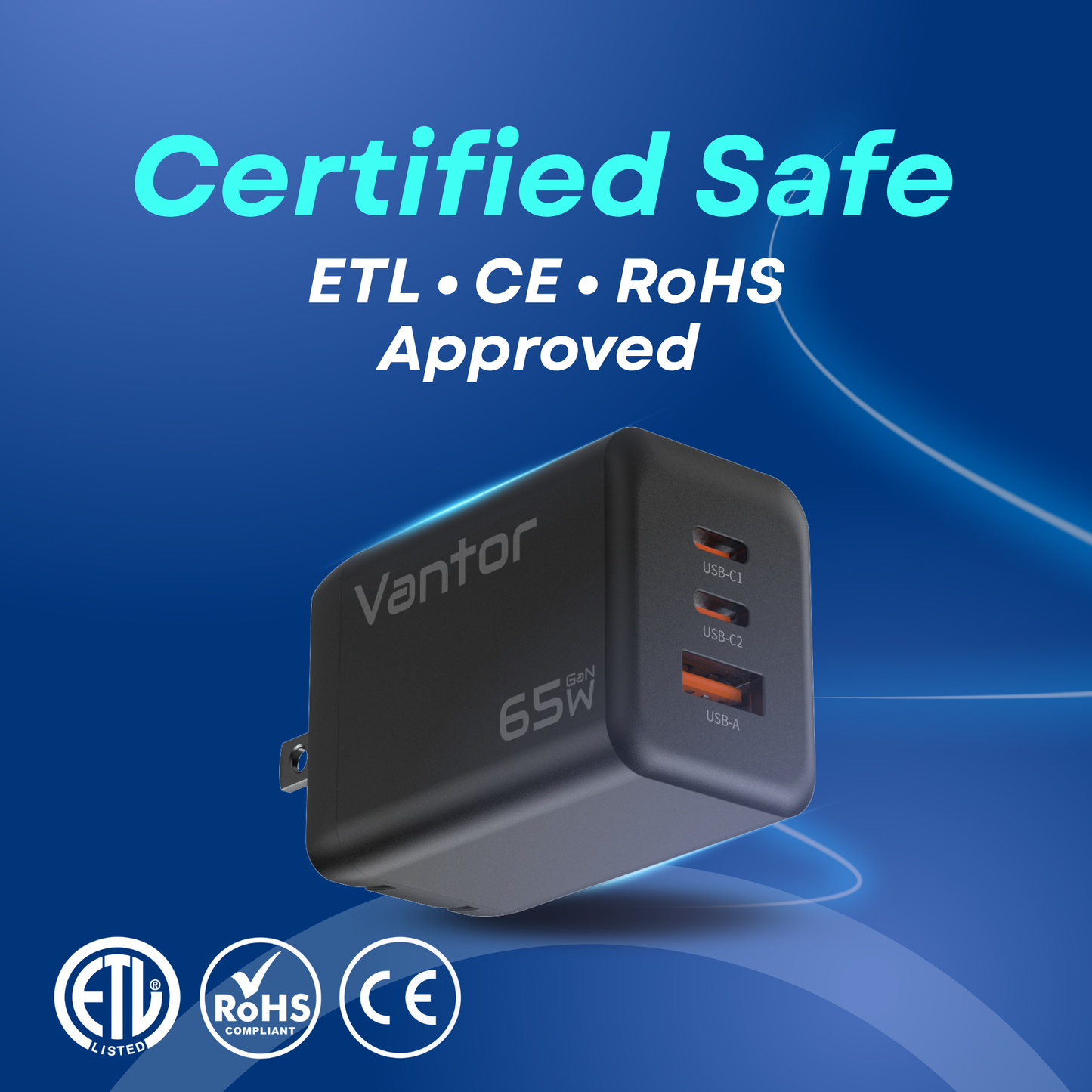 VANTOR 65W GaN Fast Charger 3-Port USB-C & USB-A – PPS PD Charger for MacBook, iPhone 15, Samsung, iPad, Switch – Compact Wall Adapter with Premium USB-C Cable, Multi-Device Charging