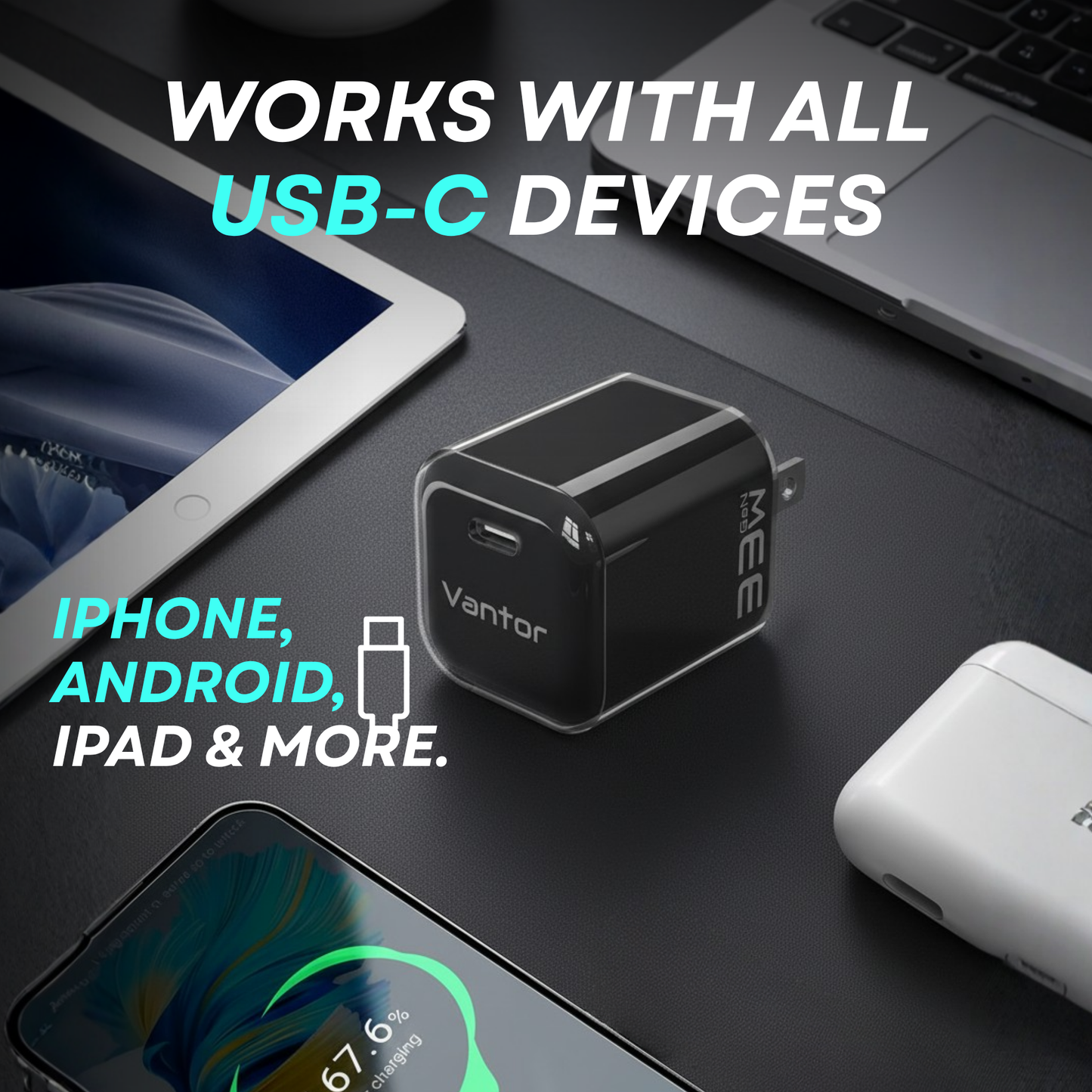 VANTOR 33W USB-C Fast Charger 2-Pack – PD GaN Compact Wall Charger for iPhone 15, iPad, Samsung, Pixel – Travel-Friendly Dual Set